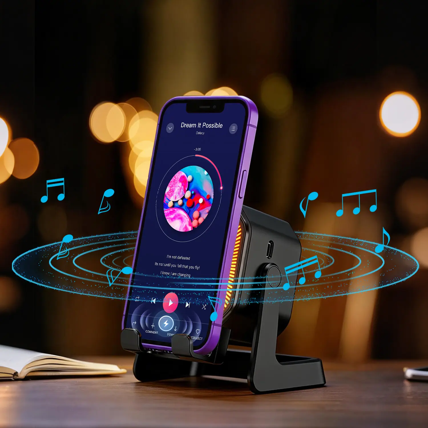 5-in-1 Wireless Induction Bluetooth Speaker Stand - Audio Accessory with 1500mAh Battery, 360° Adjustable Phone/Tablet Holder, Colorful Ambient Lighting, Upgraded Dual Induction Channels, USB-C, Portable for iPhone Series