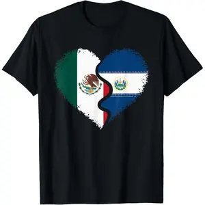 Men's Regular Non-Stretch Cotton Knit Short-Sleeve T-Shirt - Menswear, Funny Print, Round Neck, Half Mexican Half Salvadorian Design, El Salvador-Mexico Flag, Machine Washable Streetwear Sports Top