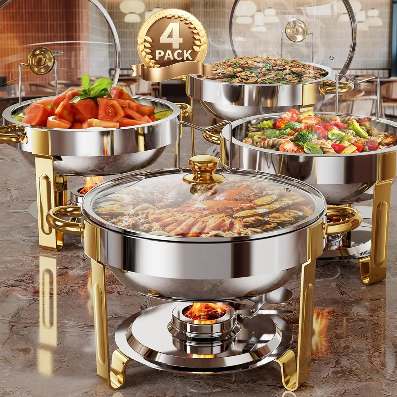 Stainless Steel Chafing Dishes Buffet Set - 4-Pack 5QT Round Bakeware, Rust Resistant Durable Non-Toxic Kitchenware Food Warmers with Glass Lid, Lid Holder, 95% Pre-Assembled for Parties, Catering