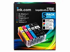 Ink.com High-Yield Replacement Pigment Ink Cartridges (PGI-270XL, CLI-271XL) - 5-Pack for Canon PIXMA Graphics Printers MG7720, MG6820, TS9020, MG5720 with Reliable Output