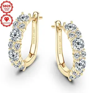 1 Pair Elegant Hoop Earrings with 4mm*8pcs & 2mm*12pcs Synthetic Moissanite Stones, 1.38 Carat Total, 14K Golden Plated, April Birthstone, Luxury Style for Women, Wedding & Holiday Jewelry, Christmas Gift