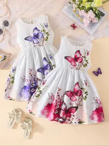 Girls' Sleeveless Floral Dress Set, / Butterfly Print, Sweet Casual Wear, Daily, Preppy Style, Midi Length, Fitted Fit Dresses For Summer