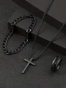 3-Piece Stainless Steel Hip Hop Punk Jewelry Set, Necklaces Set, Unique Cuban Chain Necklace, Bracelet, and Ring, Perfect Valentine's Day Gift for Men, Complete Accessories Set, Jewellery Gift Set, Accessory Set, Chunky Jewelry Set