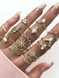16-Piece Fashion Stackable Rings Set, with Artificial Gemstones, Geometric Style & Bohemian Elements, Boho Style Rings, Stylish Jewelry Collection