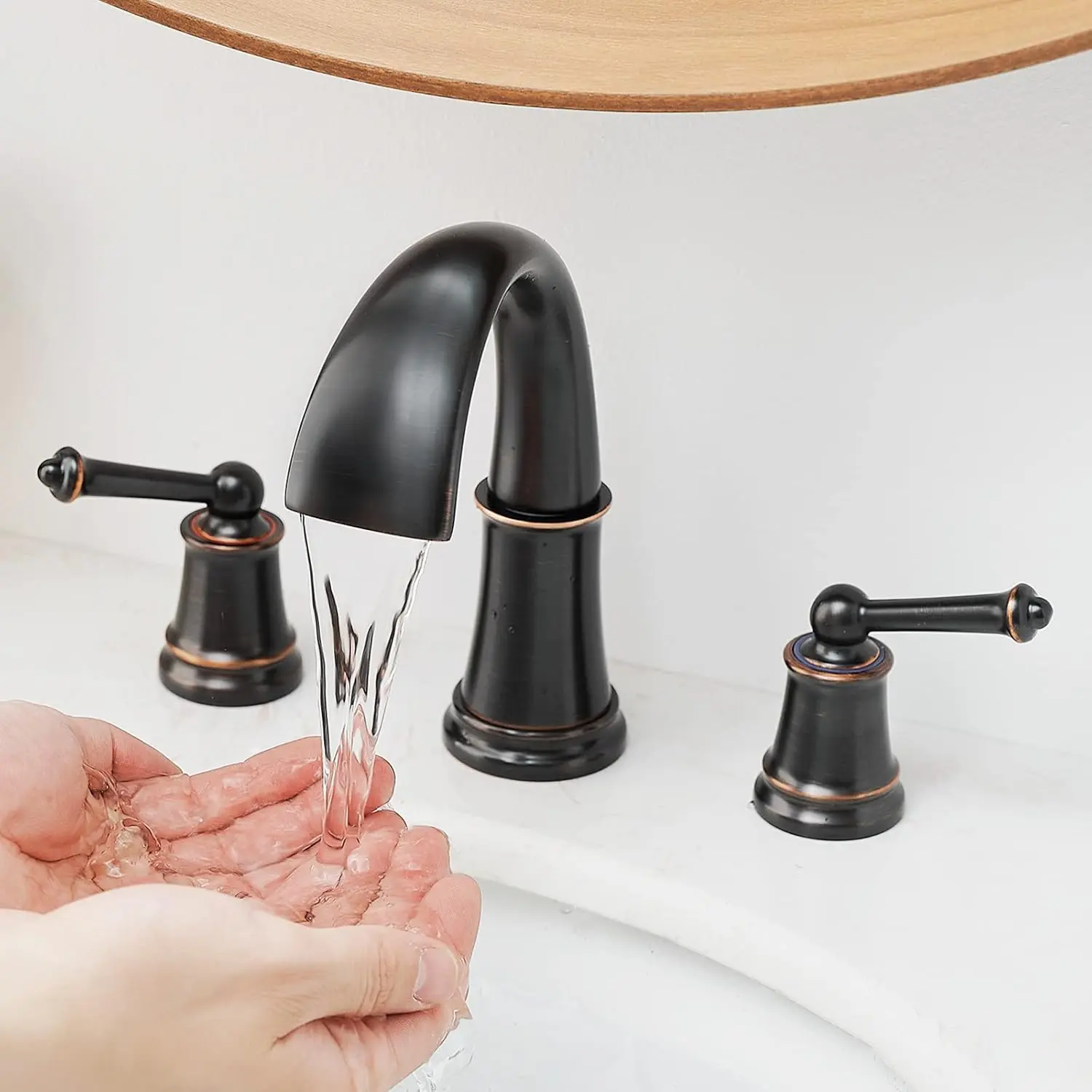 BESy Oil Rubbed Bronze Widespread Solid Copper Bathroom Faucet - 8-in 3-Hole Leakproof Lavatory Vanity Tap, 2 Levers, Waterfall Spout, cUPC Supply Lines, Tee-Joint Hoses, Vintage Modern Design, Cartridge, Temperature Control