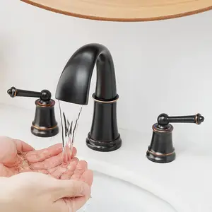 BESy Widespread 8 inch Oil Rubbed Bronze Bathroom Faucet, Two Handles 3 Holes Sink Faucet Waterfall Spout Lavatory Basin Faucets, Vanity Bathroom Sink Faucet with Supply cUPC Lines