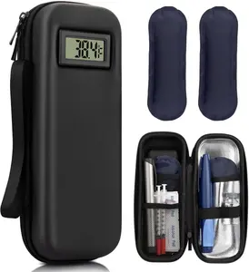 Insulin Cooler Travel Case TSA Approved Medication Cooler with ℉ Thermometer Display 2 Reusable Ice Packs for Diabetic Travel Black Thermal Insulated Organizer Bag