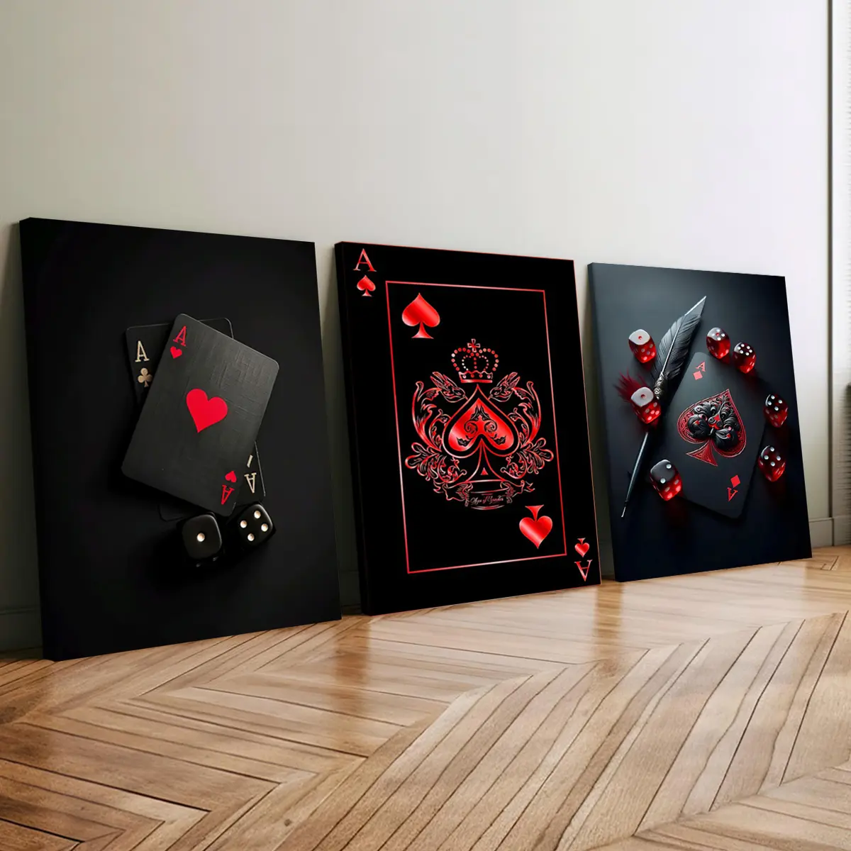 3Pcs Artistic Wooden Framed Canvas Painting Set - Red Black Ace Of Spades Playing Cards & Dice Images, Waterproof Odorless Exquisite Wall Art, Home Decor Accessory for Living Room, Indoor Decoration