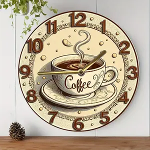 Coffee Enthusiast Wall Clock - Silent Non-Ticking Modern Coffee Cup Design with Steam Mug, Beige/Brown Decoration - Wooden Round Kitchen, Living Room, Office Clock - Perfect Gift for Christmas, Mother's Day, Valentine's Day - Cafe, Restaurant, Coffee Bar