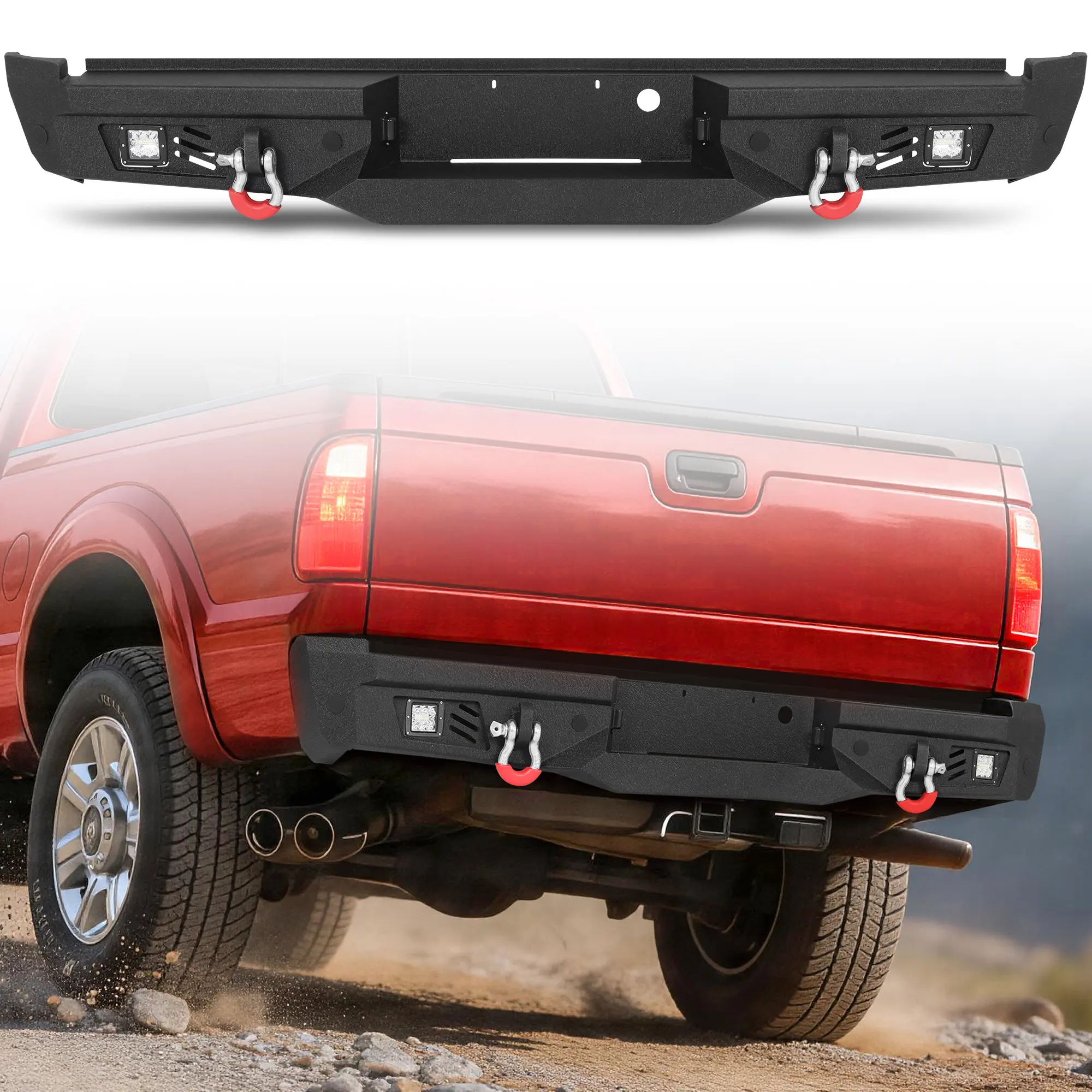 MONOKING Automotive Rear Bumper for 99-16 F250/F350/F450 Super Duty (Styleside Models Only), Car Accessories with Heavy-Duty Carbon Steel Armor, LED Pods for Enhanced Visibility, Integrated Step Pads, D-Rings, Receiver Hitch