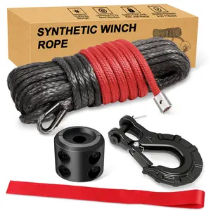 Synthetic Winch Rope Kit – 1/4'' x 50' with 10,000 lbs Strength, Lightweight Rope with Stopper & Hook, Easy Install for ATV, UTV, Boat & Truck Winches