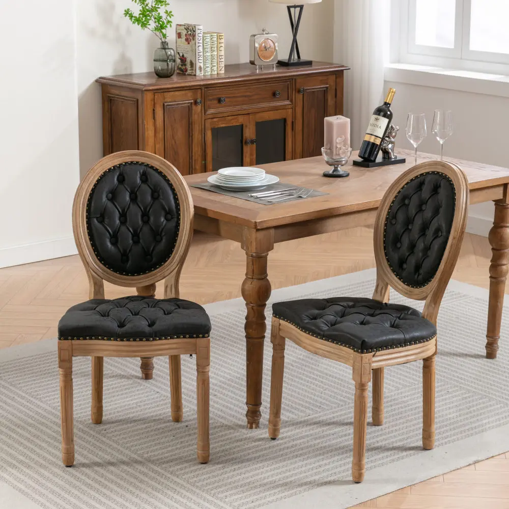 French Look 2-Piece High Back Dining Chairs - Solid Wood Frame with Adjustable Legs, Hand-Pulled Buckle PU Artificial Leather, Rivet Trim, Antique Painted Accent