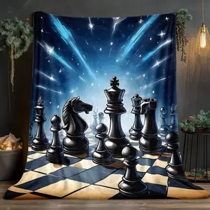 1pc Chess-Themed Flannel Fabric Blanket - King & Queen Pieces, Checkmate Design, 280gsm Digital Print, Lightweight Soft All-Season Bedspread, Dark Blue & Golden Home Decor, Ideal Gift for Chess Enthusiasts