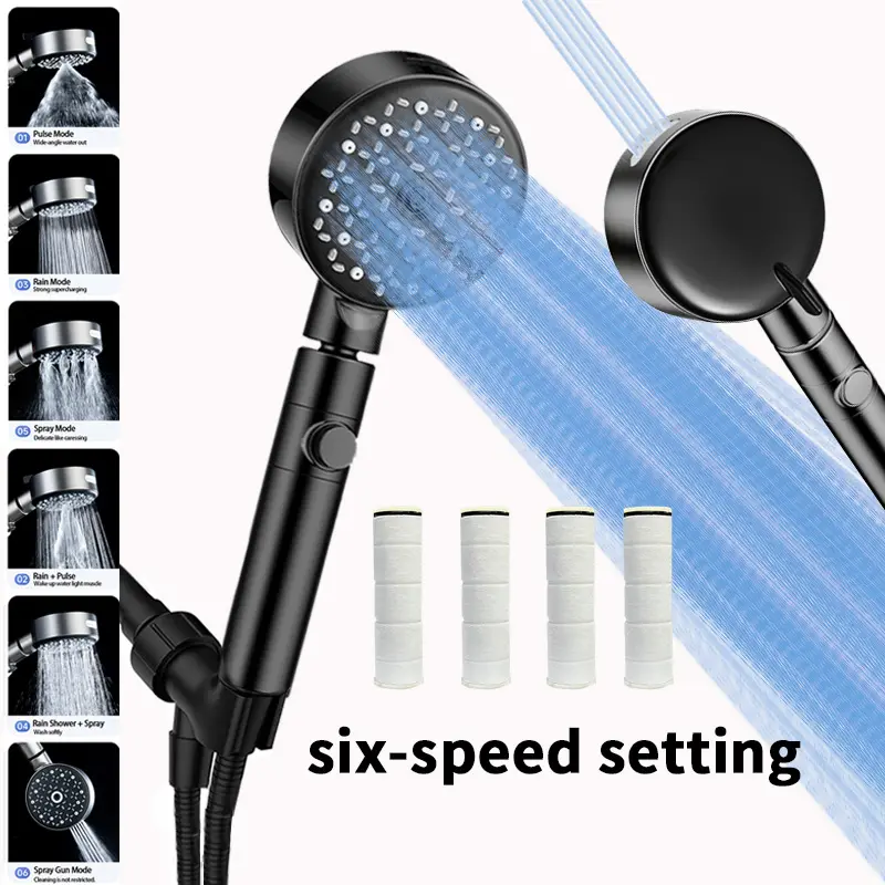 Modern Black Upgraded 6-Function Pressure Showerhead - ABS Plastic, Adjustable Angle Spray, 4 Extra Filters, 59" Hose, Bracket, Soft Silicone Nozzles, Gentle Flow, Bathroom Filtered Shower Head with Included Accessories for High-Pressure Wash & Skin Care