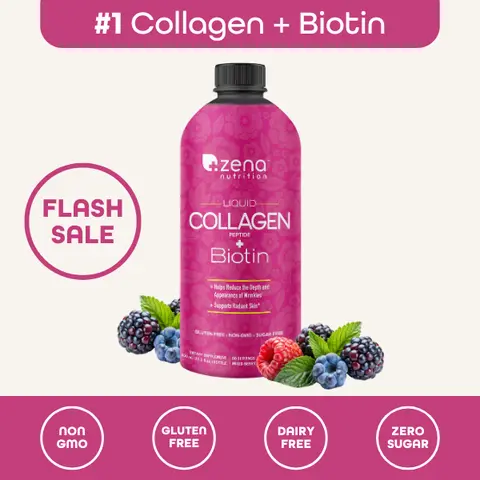 Zena Nutrition Liquid Collagen + Biotin 60 Servings Mixed Berry Flavor for Hydration Nutrition and Skin Care Benefits Zero Sugar Gluten Free Non GMO Beauty Supplement