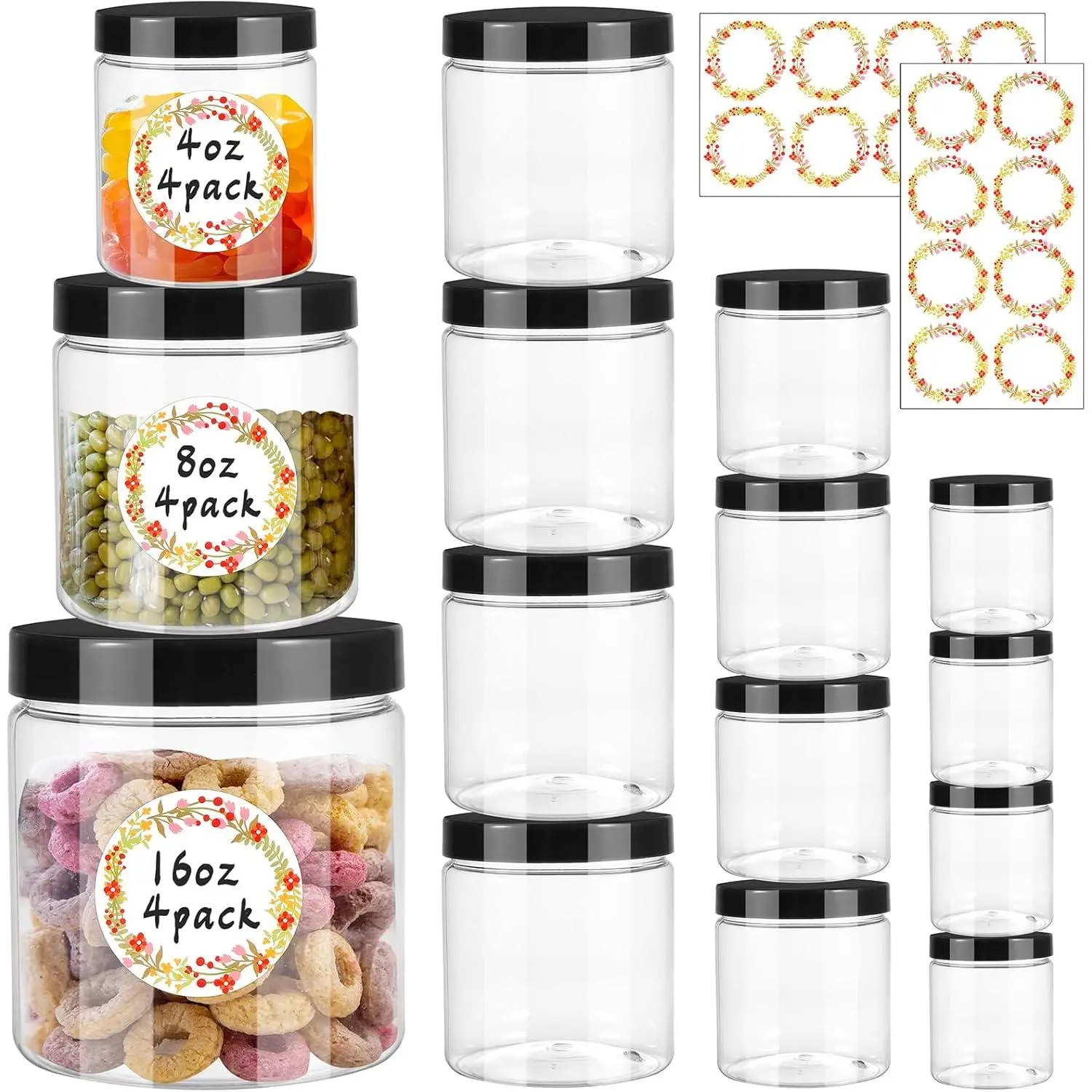 12 count Plastic Jars with Lids 16 oz & 8 oz & 4 oz, Leakproof Storage Containers Clear Plastic Mason Jars for Peanut, , Cookie, Candy and Dry  Wedding Shower Party Favors