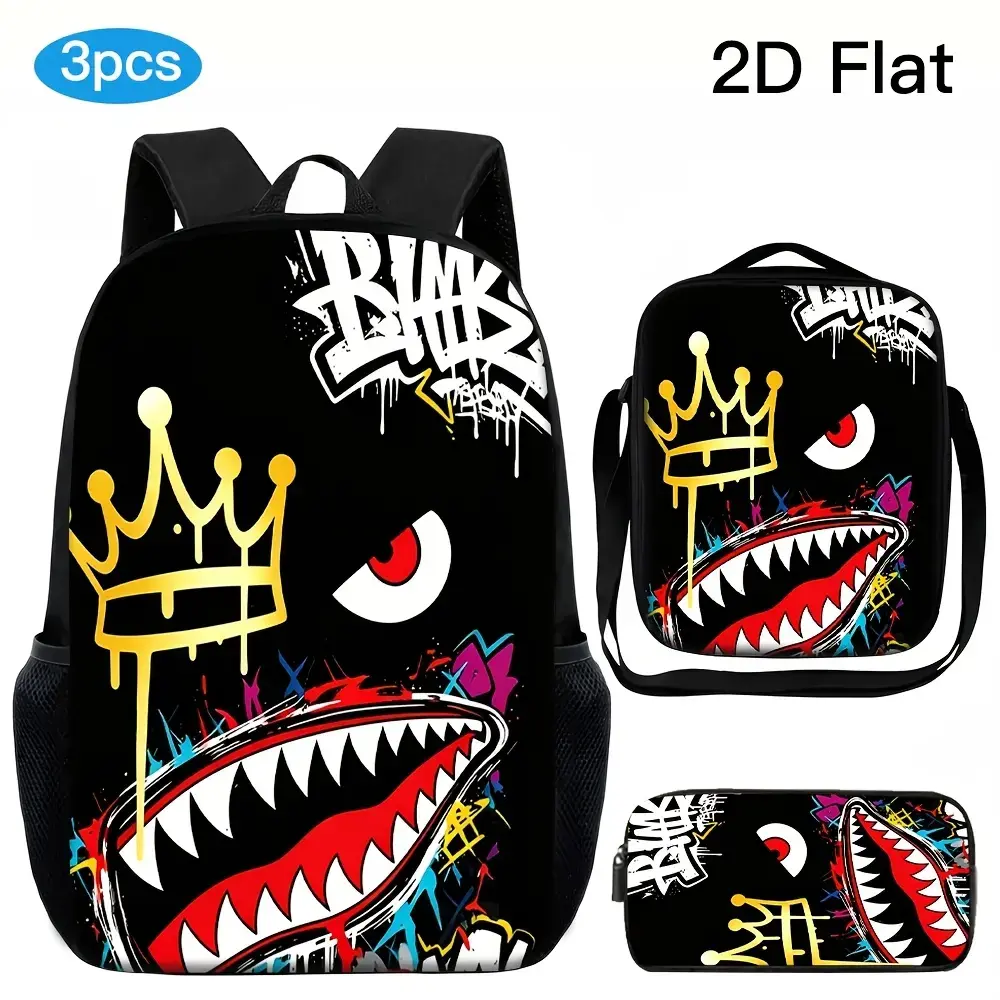 3-Piece High-Capacity Backpack Set with 2D Slanted Print Smiley Face, Adjustable Shoulder Straps, Lunch Bag & Pencil Case - Prop 65 Safe Backpacks for School, Camping, Back To School Shopping, School Backpack