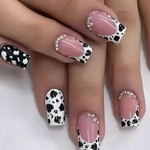 Cow Print Fake Nails with Nail File & Tape, 24pcs/box French Tip French Style Short Square Press on Nails for Women & Girls DIY Nail Art, Elegant Stick on Nails Kit, Nail Art Design