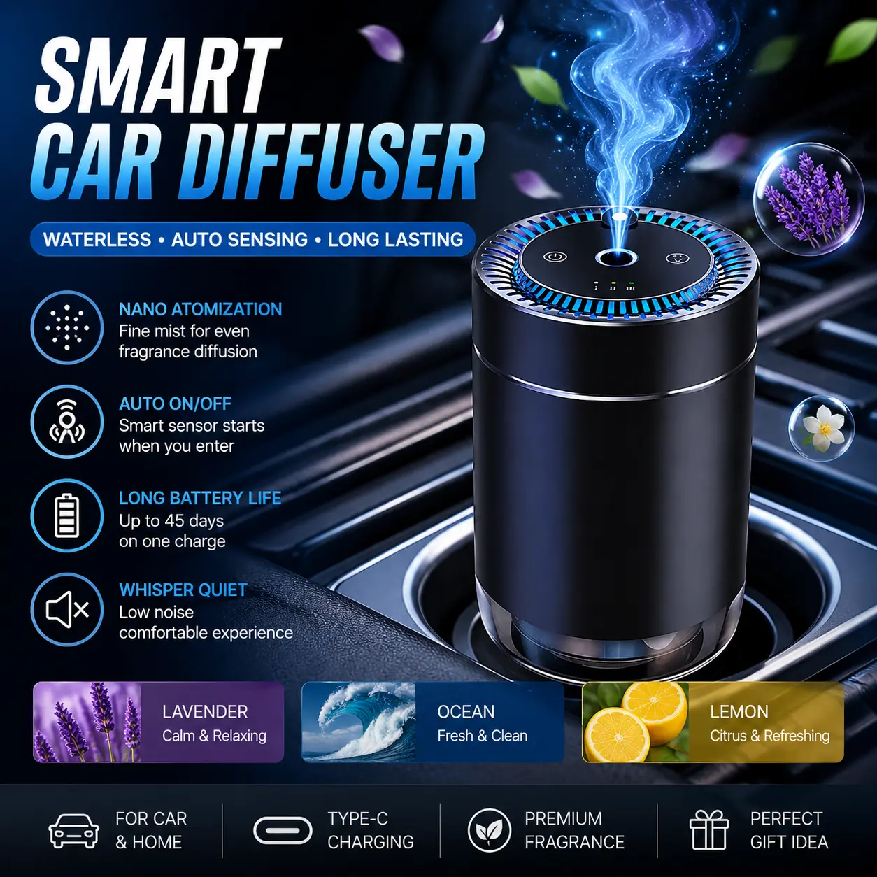 Boujee Car Accessories for Girls!  Smart Starry Ambient Light Air Freshener | AI Auto On/Off Ultrasonic Essential Oil Diffuser | Nano Mist Odor Eliminator | Rechargeable Luxury Car Perfume Safe for Baby | Aesthetic Auto Interior Gift Set, Car Scents,summe