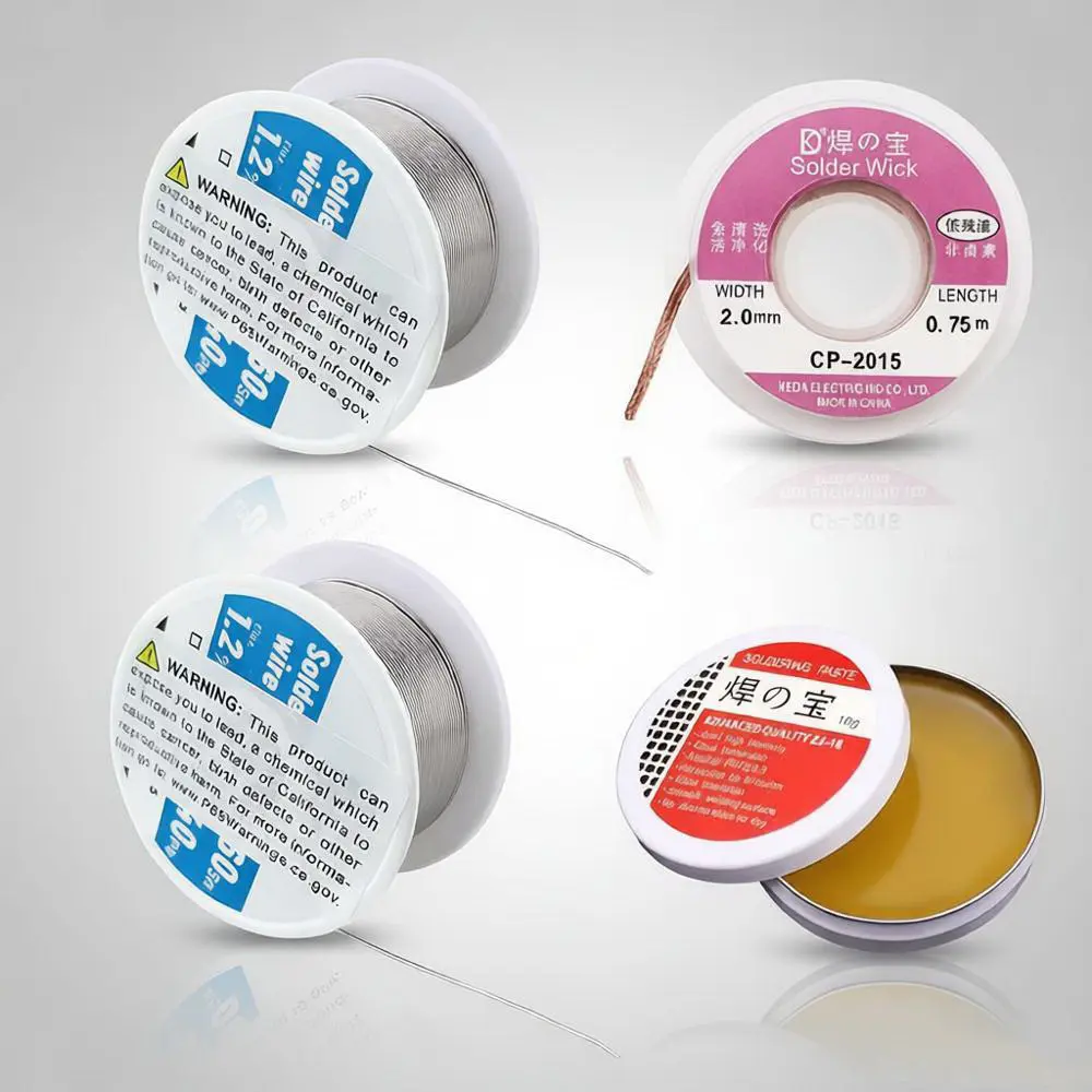 Soldering Tool Kit - 2 Tin Solder Wire (0.6mm, 1.76 oz/50g), 1 Rosin Paste Flux (0.35 oz/10g), 2.0mm Wide No-Clean Core for Electronic Repair, DIY Projects, Copper Wire, 1 No-Clean Desoldering Core