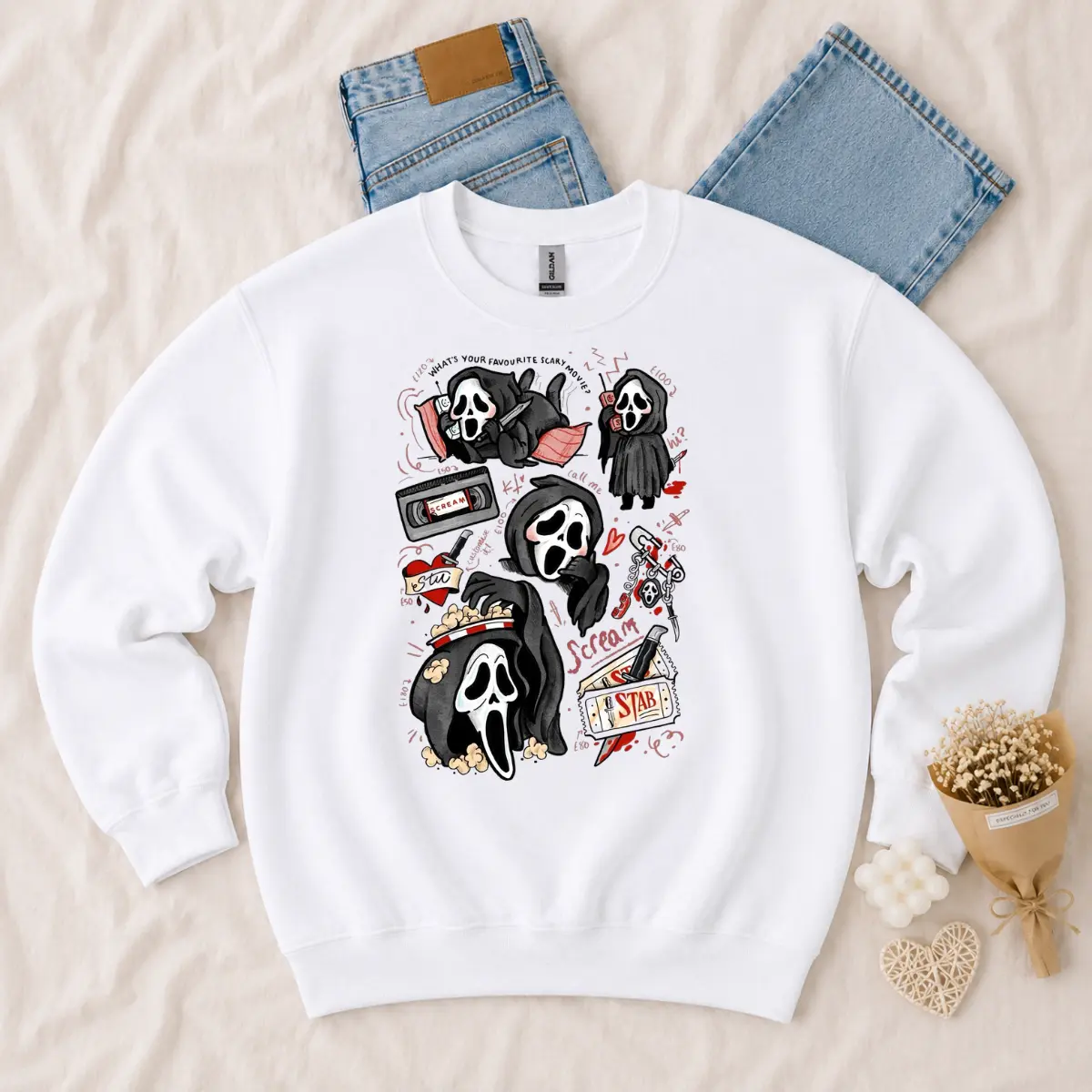 Ghostface Scream Flash Tattoo Sweatshirt, Cute Ghostface What's Your Favorite Scary Movie White Crewneck, Horror Movie Fan Halloween Pullover, Spooky Season Gift Shirt