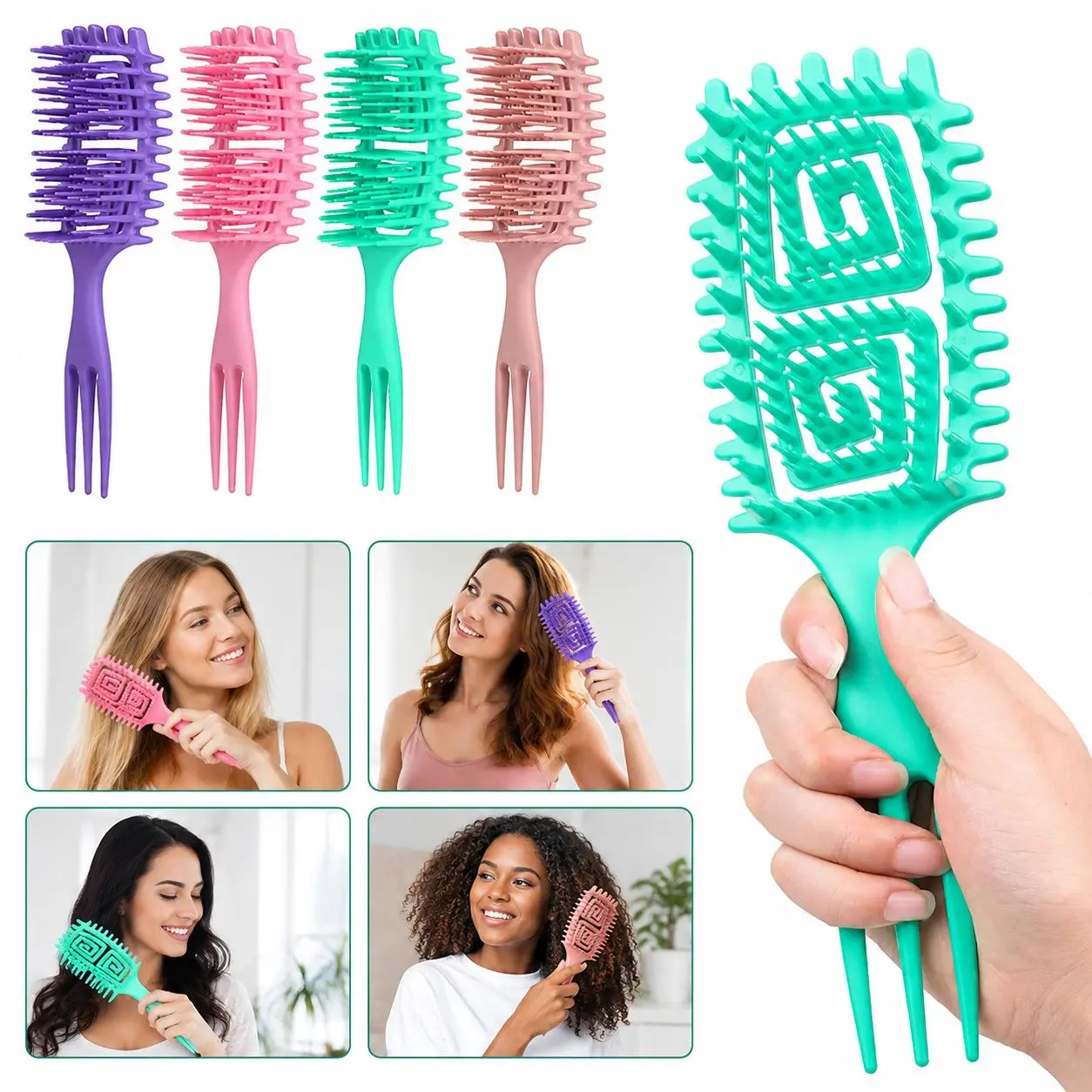 Wet Use Curling Brush | A Massage Comb for Defining Curls, a Detangling Comb for Black Hair Users, with a Hollow Design for Easy Blow-Drying. The Three-Pronged Spiral Maze Design Is Used for Sectioning and Separating Hair, a Styling Tool Suitable