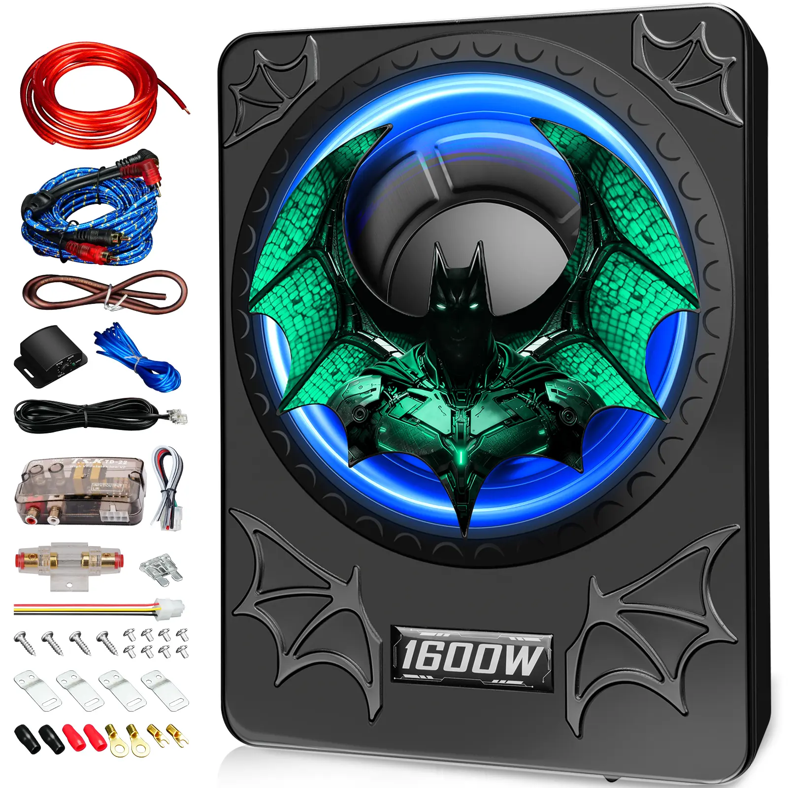 SCBPAUD 10-Inch Full Set Car Subwoofer - 1600W Slim Underseat Rear Enclosed Bass Box with Built-in Amplifier, Bluetooth App LED Light for Truck & SUV (10inches Compatible), Slim Enclosed Bass Box travelessentials