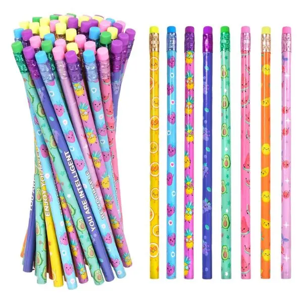 48 PCS Fruit Theme Non-Toxic HB Hardness Wooden Pencils with Eraser Included, Colorful Writing Tools for Kids' Creative Activities & Everyday Use, Classroom Rewards Office Stationery Supplies