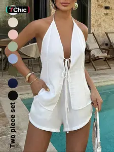 Women's Solid Color Breathable Lightweight Fitted Tie Back Top & Shorts Set, Casual Fashion Chic Minimalist Two-piece Outfits for Summer, Ladies Clothes for Beach Holiday Vacation, Womenswear