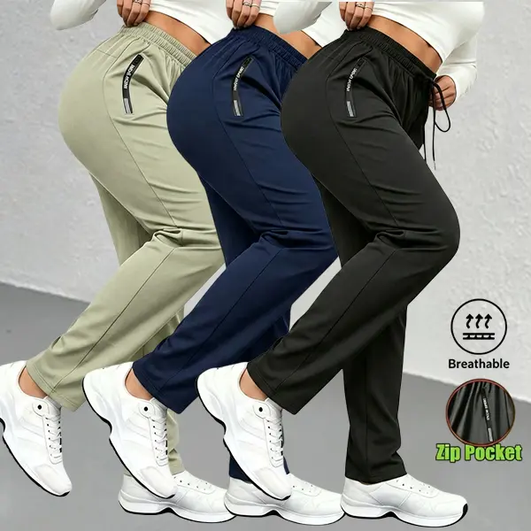 Women’s 3-pack minimalist fashion loose plus-size pants with high stretch — ice-cool feel, quick-drying and breathable casual sports pants; comfortable high-stretch pants suitable for warm weather, everyday wear, sports, and gym workouts.