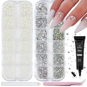 Nail Art Pearls Rhinestones with Glue Gel White Flatback Pearls Luxurious Nail Charms Colorful Gems Jewelry Supplies for Women Nail Design