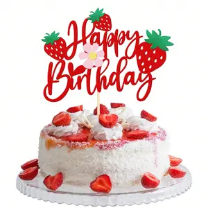 Strawberry Birthday Cake Topper, 13pcs/set Including 1 Count Large Cake Topper & 12pcs Baby Cake Topper, Fruit Themed Happy Birthday Cake Decoration, Bakeware