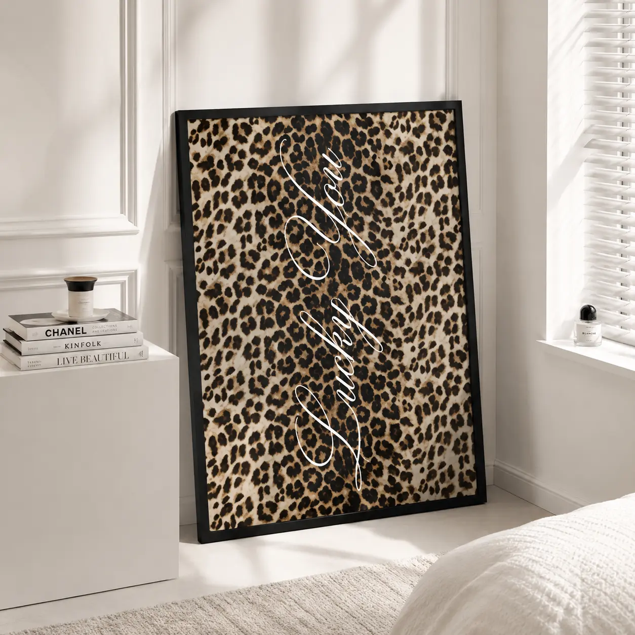 "Lucky You" 1-Piece Leopard Spots & White Poster, Fashion Animal Themed Modern Decor with Pine Wood Frame for Home Wall Art,inspo,decoration,athlete,motivation