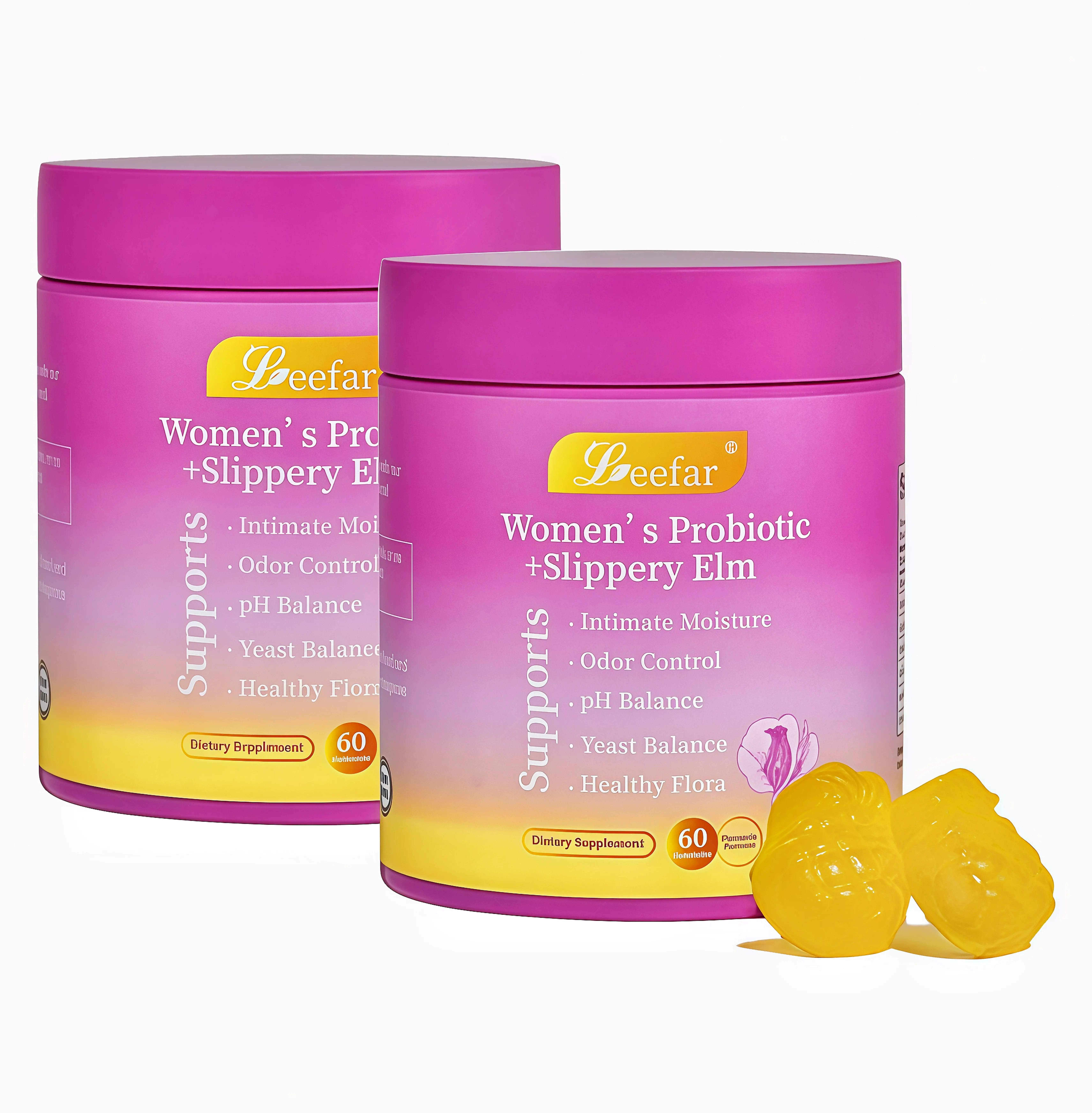 2 Piece  LEEFAR Her Probiotics Gummies UX - All in One Solution with Slippery Elm and Prebiotics & Lactobacillus Probiotic Blend for Women's pH Balance and Dryness Hawaiian Pineapple Gummies Dietary Supplement