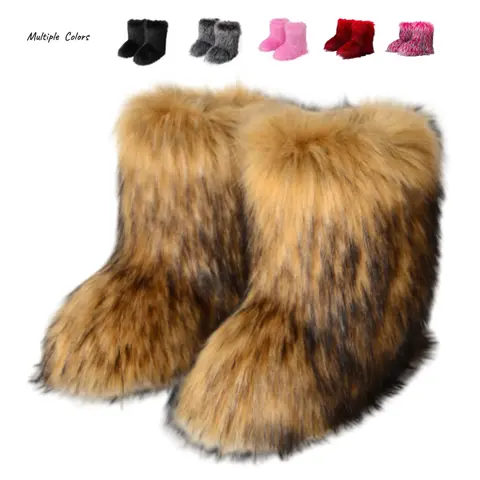 AOSPHIRAYLIAN Women's Cowboy Faux Fur Mid-Calf Flat Heel Boots - Round Toe, Ankle-Cut, Artificial Long Plush, Even Needle Margins, Y2k Puffy Leopard Warm Outdoor Snow Booties