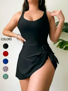 Women's Solid / All Over Print Asymmetrical Hem Ruched Knot Design Tank Swimsuit, Adjustable Strap Sleeveless One-piece Swimwear for Beach Holiday Vacation, Ladies Summer Clothes