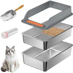 Stainless Steel Sifting Litter Box with Lid, Medium Sifting  Litter Box for Pine Pellets & Big Cats,Metal Pellet Sifter Litter Pan System for Odor Control,Sifting Box Liners & Scoop