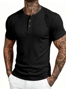 Men's Solid Color Plain Vertical Stripe Henley Short Sleeve T-Shirt for Daliy Wear, Slim Fit Stretch Half-Button Top, Breathable Comfort Casual Underwear, Gym Streetwear,Multiple Color Available, Minimalist