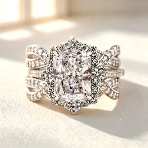 Radiant Cut Halo Wedding Ring Set for Women, 2-Piece Silver Tone Bridal Engagement Ring with Pave Twist Enhancer Band