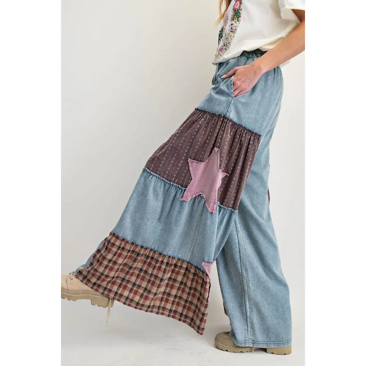 Women's Chambray Pants with Vintage Plaid Flannel Patchwork - Boho Wide Leg Bottoms with an Elastic Drawstring, Trouser