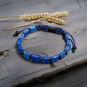 Protection Stone Bracelet Lapis Lazuli Natural Stone Cube Beads Bracelet for Men Women Adjustable Arm Ring Jewelry