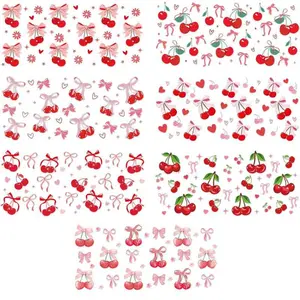 UV DTF Cup Wrap - 7 Sheets UV DTF Wraps for 16 oz, Pink Cherries Bow Aesthetic Uvdtf Stickers Personalizing Decorating for Glass Cups Water Botters, Rub on Transfer Decals for Girls Women, Water Bottles