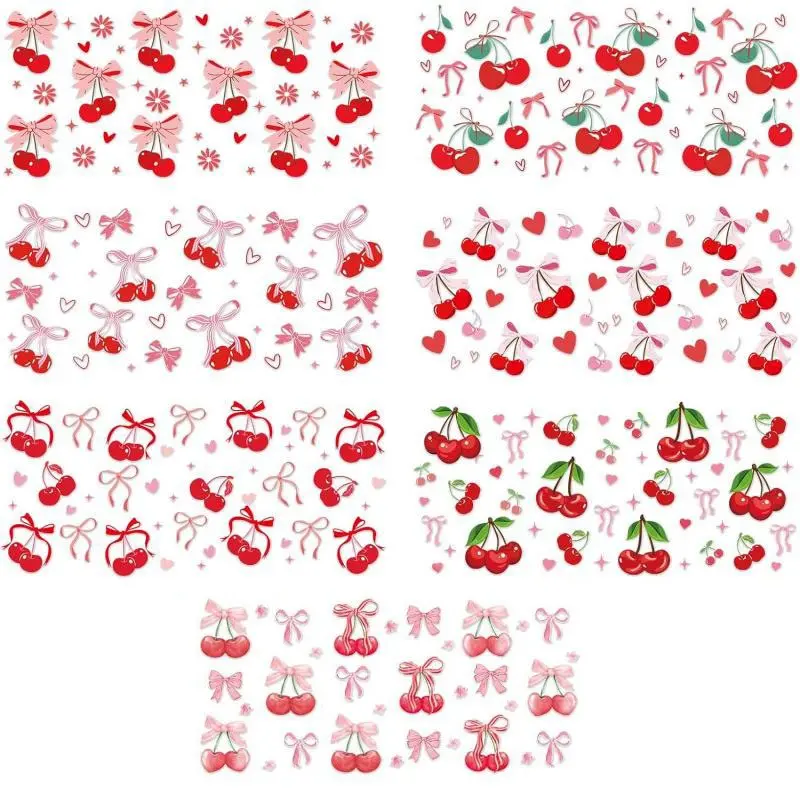 UV DTF Cup Wrap - 7 Sheets UV DTF Wraps for 16 oz, Pink Cherries Bow Aesthetic Uvdtf Stickers Personalizing Decorating for Glass Cups Water Botters, Rub on Transfer Decals for Girls Women, Water Bottles