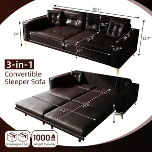 92.1"King Size Pull Out Sofa Bed,3-in-1 Faux Leather Convertible Sleeper Sofa with Ultra Wide Armrests,Tufted Modern Sofa,4-Seater Couch with 2 Pillows for Living Room,Dark Brown