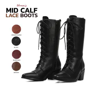 VIMISAOI Womens Cowboy Boots Mid Calf Pointed Toe Chunky Block High Heel Lace Up Side Zipper Combat Goth Motorcycle Party Concert Fashion Dress Cowboy Fall Boots Womens Boots Black Shoe Cowgirl Boots Lace Up Granny Boots