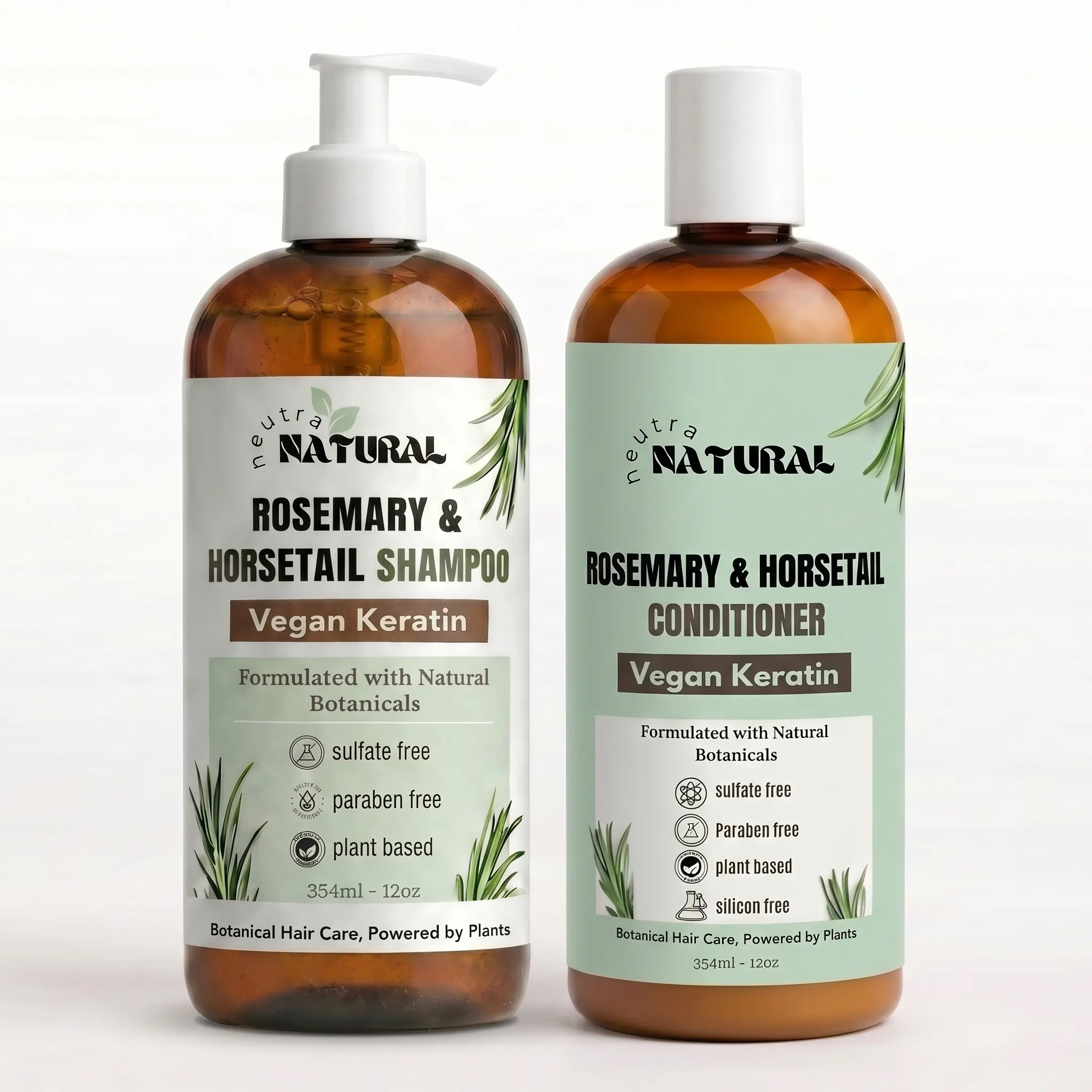 Neutra Natural Rosemary & Horsetail Shampoo and Conditioner Set - Vegan Keratin Daily Botanical Hair Care, Sulfate-Free Cleanser, Plant-Based Clean Formula for Any Hair Type