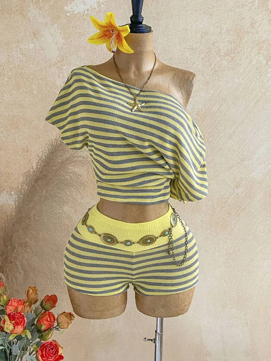 Lumina x Soleia Women's Casual Tropical Mustard Yellow Asymmetric Collar Batwing Sleeve Top And Shorts 2 Pieces Set, Vacation Outfits Summer Beach
