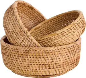 Hand-Woven Stackable Rattan Basket, Set of 3, Bread Serving, for Farmhouse &