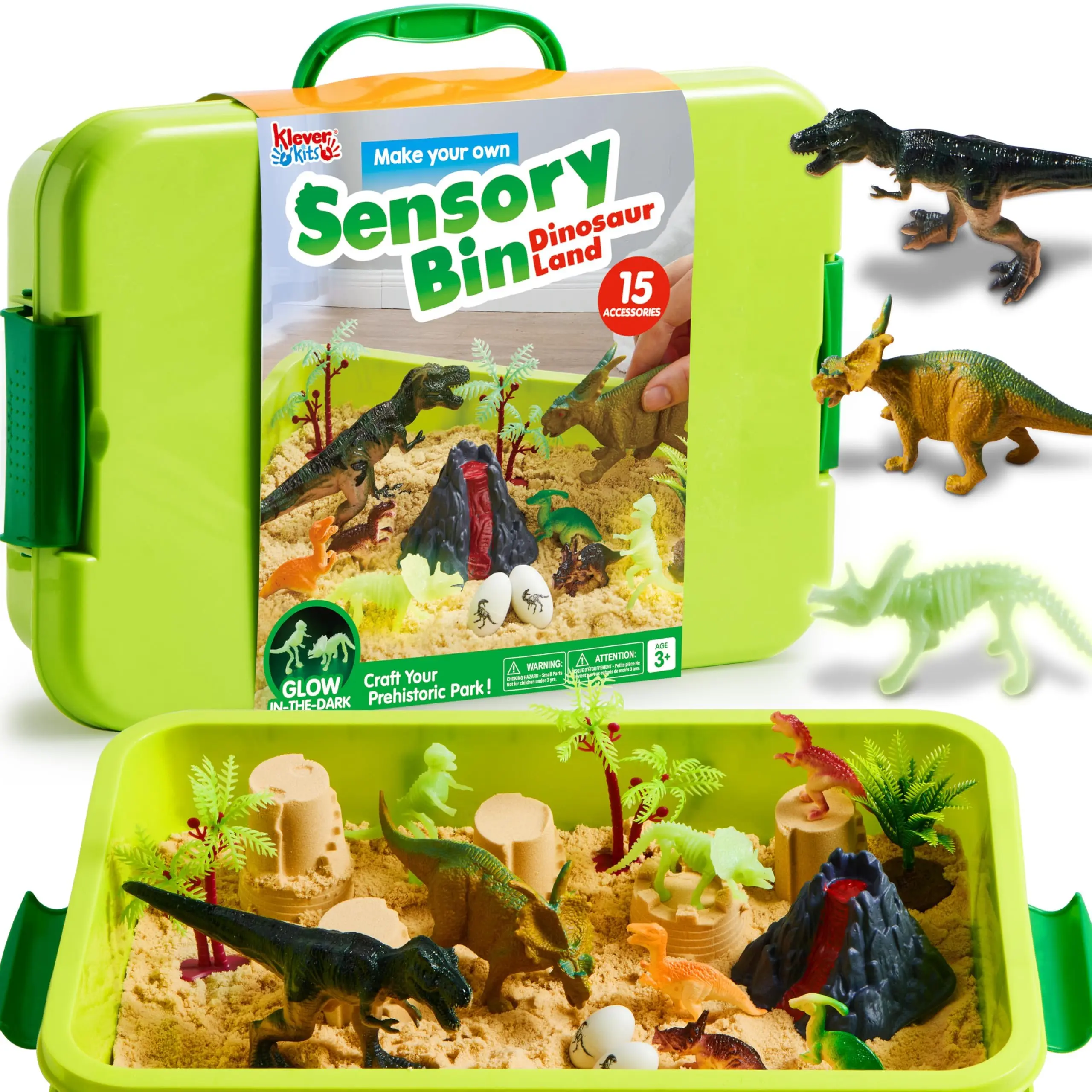 Klever Kits Dinosaurs Sensory Bin Toys for Toddlers with Glow in The Dark Dinosaurs, Sandbox with Lid Sand, Preschool Learning Activities Gifts for Boys Girls Age 3+ by Construction Site Sensory Bin
