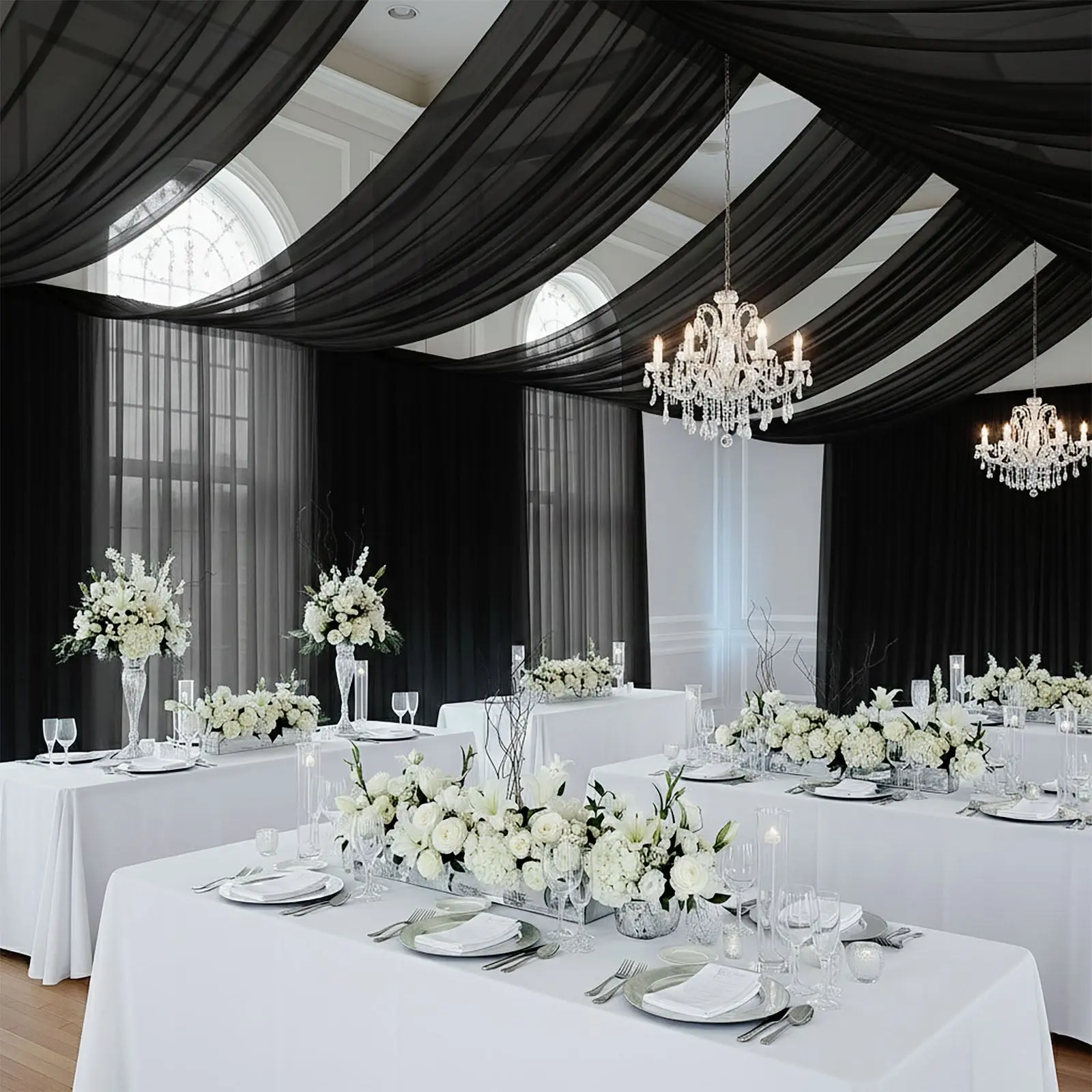 Black Drape Curtain - 5ftx20ft Durable Fire Resistant Chiffon Rod Pocket Curtain for Wedding Backdrop, Photography, Window, Party Decor Supplies (Ceiling Panel Compatible)